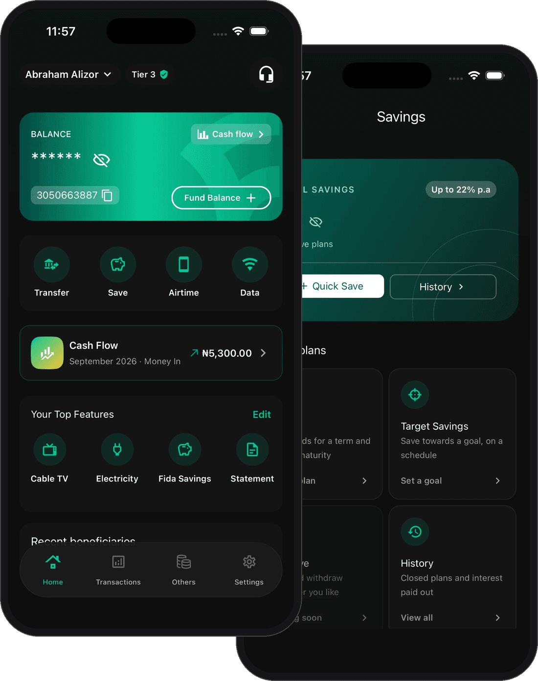Fame Bank app home screen showing balance, cash flow, and quick actions